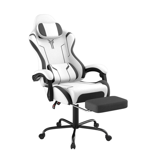 Ergonomic Gaming Chair with Massage Function - Adjustable Height, 135° Tilt, Lumbar Support, Headrest, Armrests & Footrest - White & Black Modern Design, Steel Frame, PU & Upholstery, 150kg Load Capacity, Sleek Office Furnit