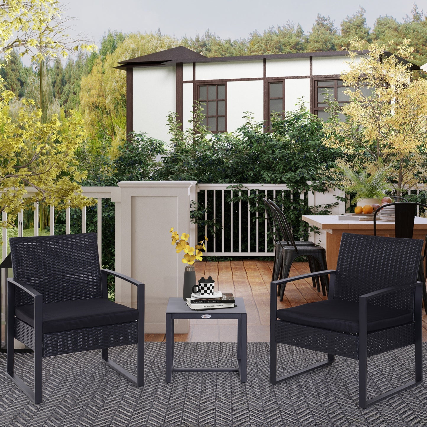 Tuinset 2-Zits – Bistroset – Loungeset – Balkonset – Zwart – Weerbestendig Wicker Rattan – Afneembare Kussens Met Glazen Tafelblad