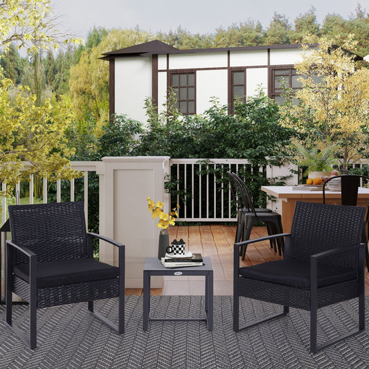 Tuinset 2-Zits – Bistroset – Loungeset – Balkonset – Zwart – Weerbestendig Wicker Rattan – Afneembare Kussens Met Glazen Tafelblad