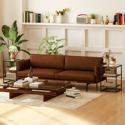 Bijzettafel – Salontafel – Tafeltje – Nachtkastje – 2-delige Set Rustic Brown – Met Glazen Blad – Robuust Metalen Frame – 3-laags Design