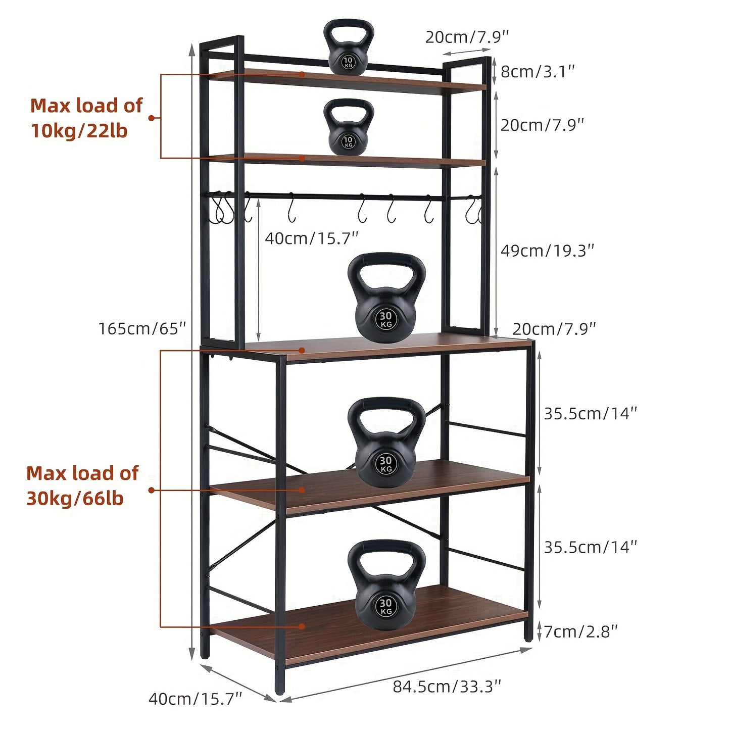 5-Lagen Keukenorganizer – Rustiek Zwart Walnoot – Industrieel Baker’s Rack met Opslag, Magnetronstandaard en Haakjes voor Kruiden en Keukengerei