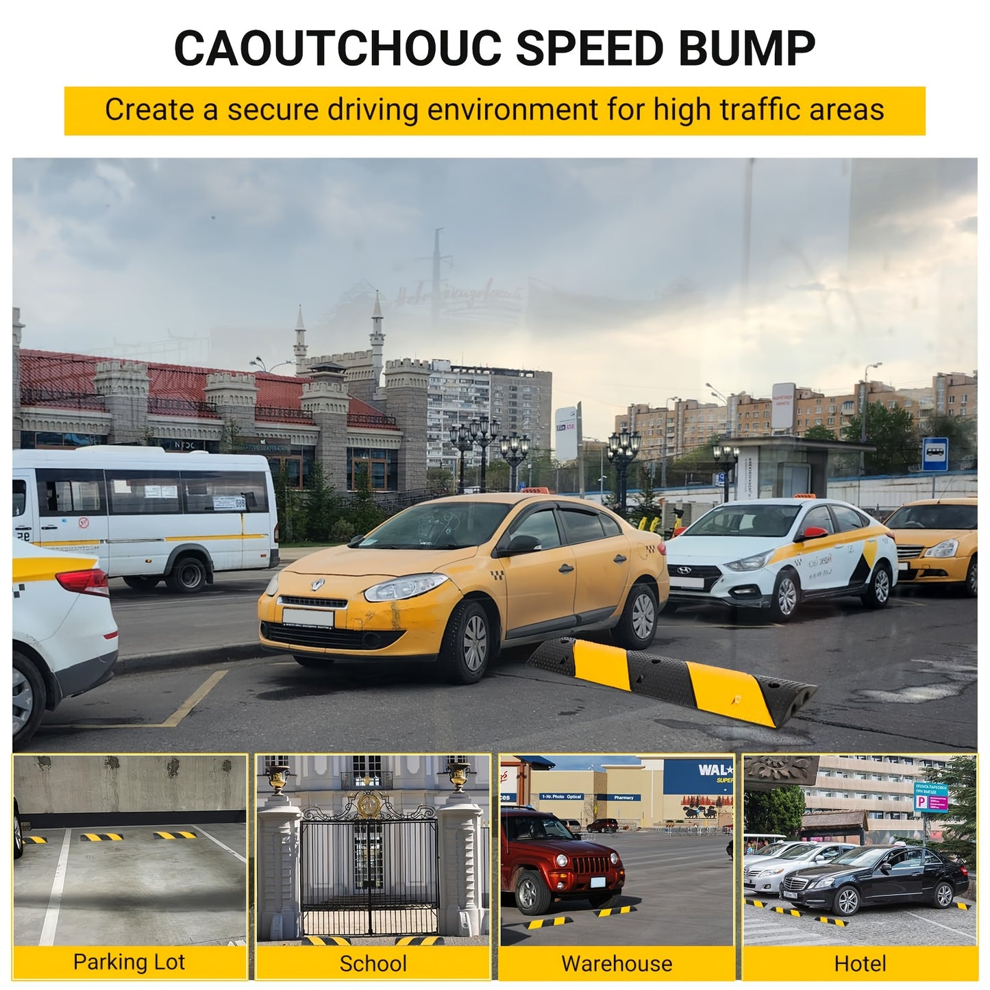 HAUSPROFI 29937.1 KG Heavy-Duty Rubber Speed Bump - Durable ABS Plastic Road Hump for Parking Lots, Schools, Warehouses & Hotels, Yellow & Black Design with Mounting Screws Included, Road Safety Enhancement, School Zone Marki