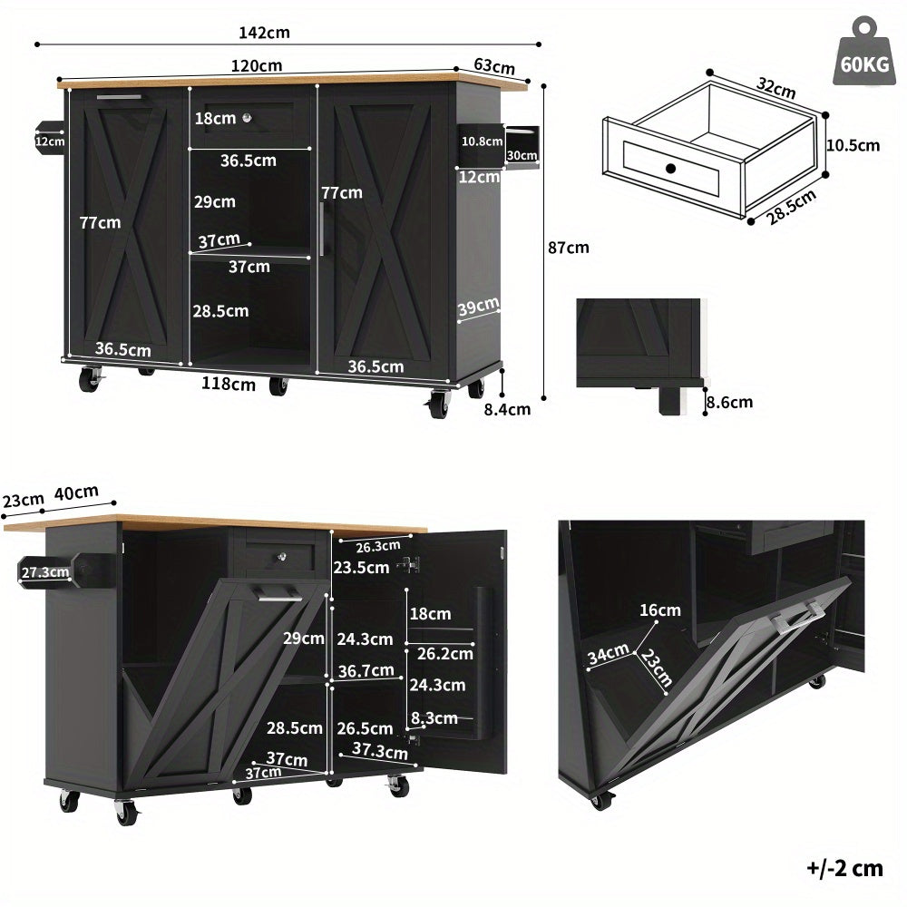 Keukeneiland – Keukentrolley – Keukenkast – Serveerwagen – Buffetkast – Zwart Retro Design – Ruime Opbergruimte – Duurzame MDF & Metaal – Ruimtebesparend Zonder Elektriciteit