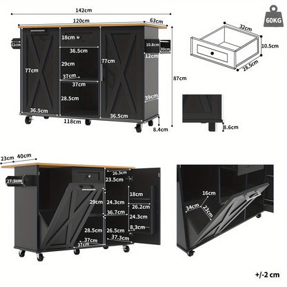 Keukeneiland – Keukentrolley – Keukenkast – Serveerwagen – Buffetkast – Zwart Retro Design – Ruime Opbergruimte – Duurzame MDF & Metaal – Ruimtebesparend Zonder Elektriciteit