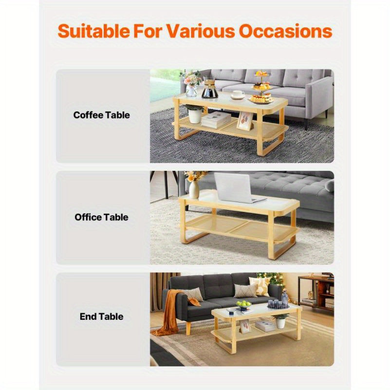 Rattan Salontafel – Rotan Tafel – Lounge Tafel – Woonkamer Tafel – Houten Salontafel – Rechthoekig Twee Niveaus – Natuurlijk Materiaal – Modern Design