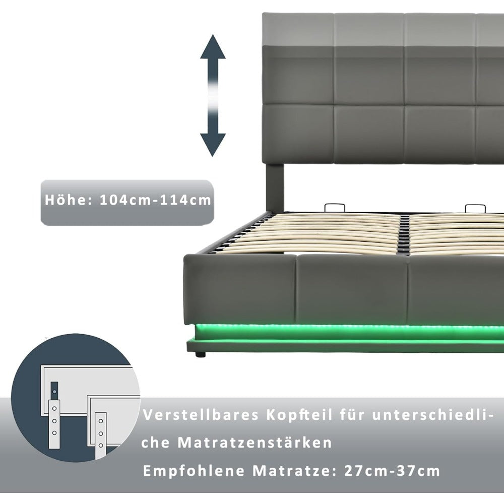 Gestoffeerd Tweepersoonsbed – Opbergbed – Boxspringbed – Led Bed – Slaapbank – Grijs – Met Hydraulische Lift – 16-kleuren LED-verlichting