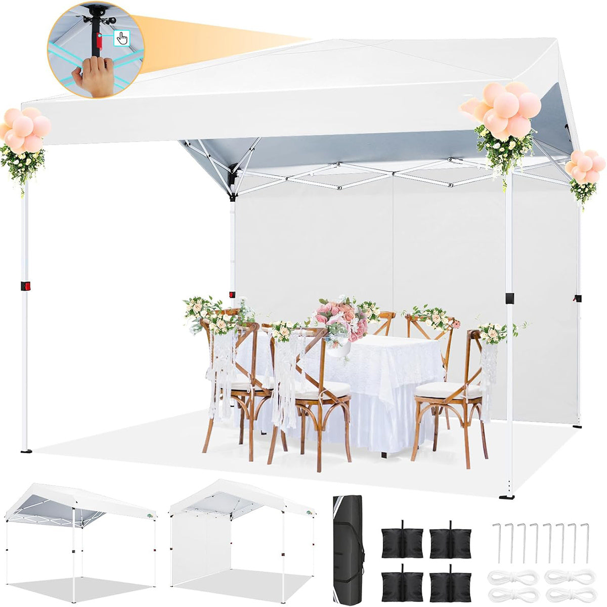 Pop-Up Tent – Vouwtent – Partytent – Markttent – Zonnescherm – Wit – 3,05x3,05 Meter – UPF 50+ UV-Bescherming – Eén-Klik Snel Op te Zetten