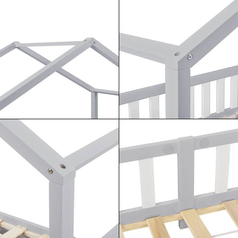 Kinderbed – Kinderbedden – Eenpersoonsbed – Hoogslaper – Stapelbed – Huisvormig Design – Valbeveiliging – Grenenhout – 140x200 cm