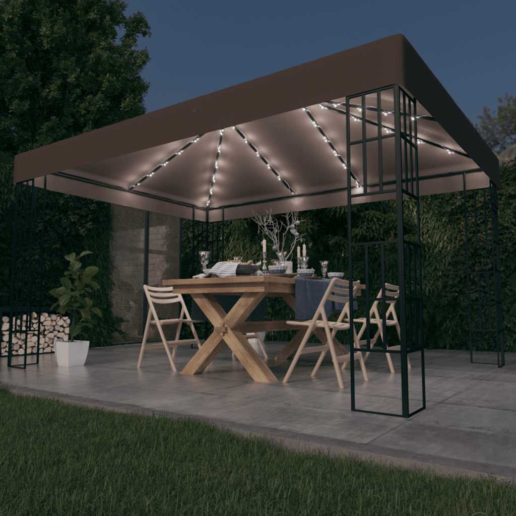 Tuinkamer – Overkapping – Prieel – Tuinoverkapping – Tuinhuisje – 3x4 Meter – Ventileerbaar Polyester Dak – Ingebouwde Sfeerverlichting Taupe