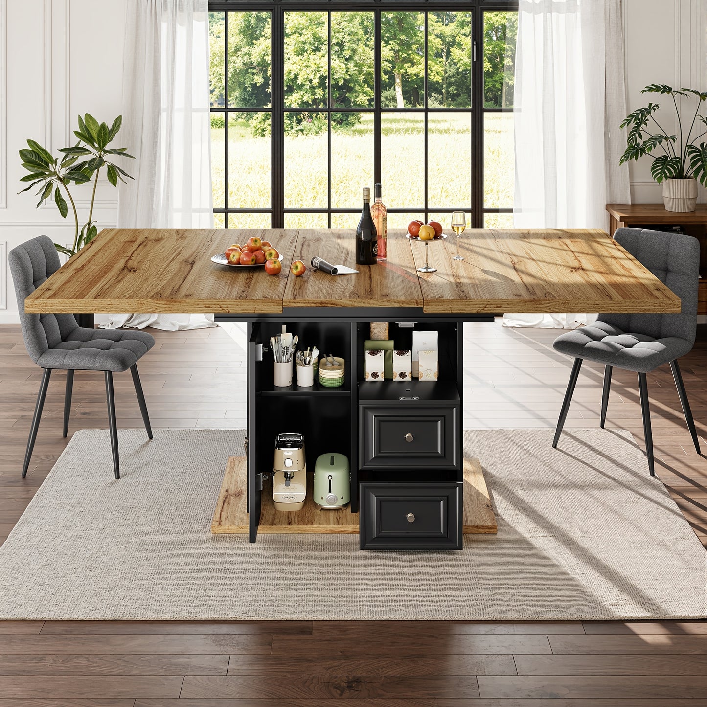 Uitschuifbare Eettafel – Uitklapbare Tafel – Verstelbare Eettafel – Moderne Eettafel – Eettafel Voor 6 Personen – Verstelbare Hoogte – Bamboe Materiaal