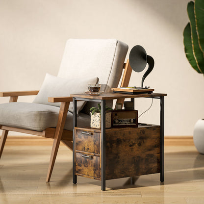 2-Laden Bijzettafel – Nachtkastje – Salontafel – Opbergtafel – Sidetable – Donkerbruin Met Zwarte Poten – Ruime Opberglades – Onderhoudsvriendelijk & Stevig