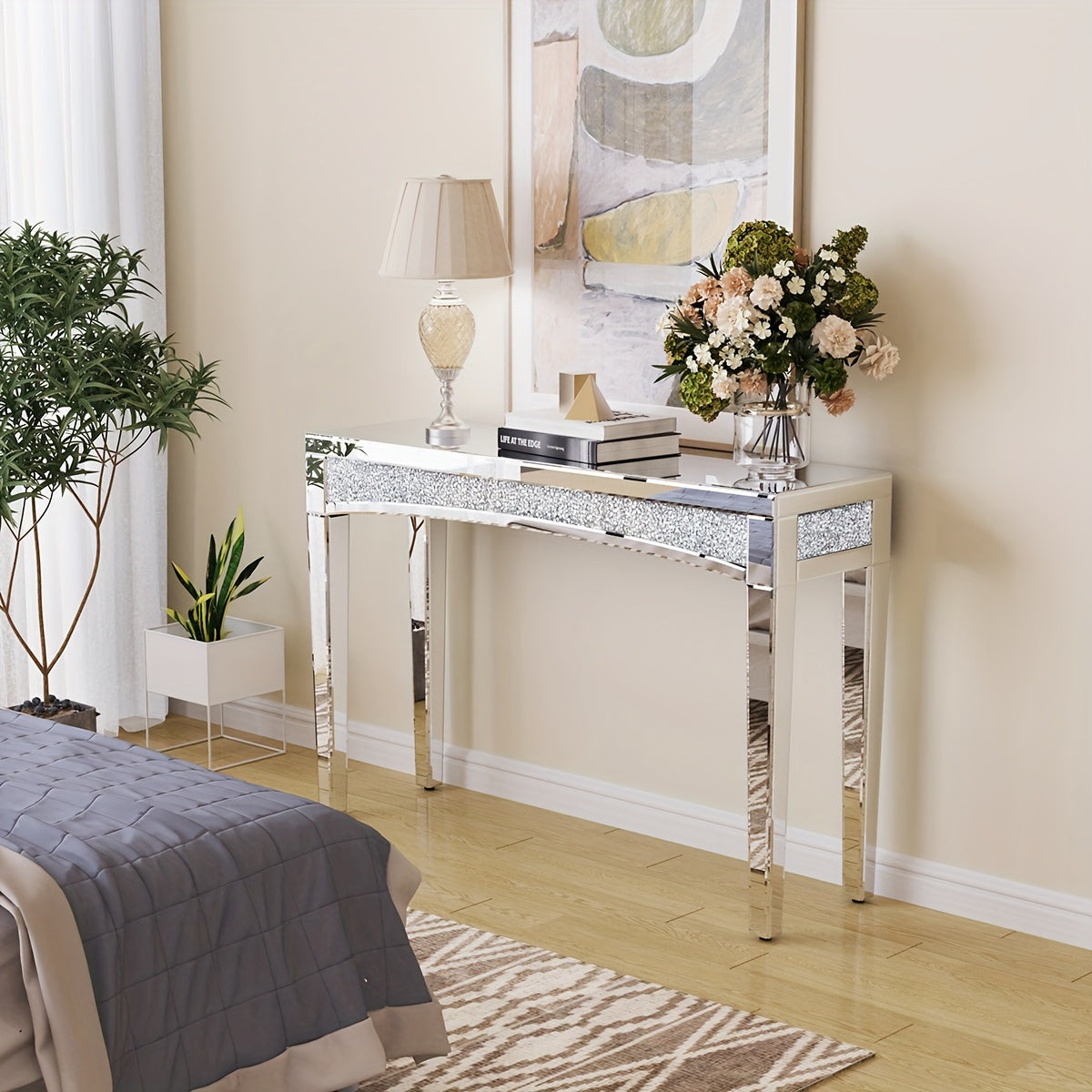 Spiegelende Sidetable – Console Tafel – Bijzettafel – Halmeubel – Make-uptafel – Glamoureuze Diamantkristal Afwerking – 120x35x80,5 cm – Glas en Hout