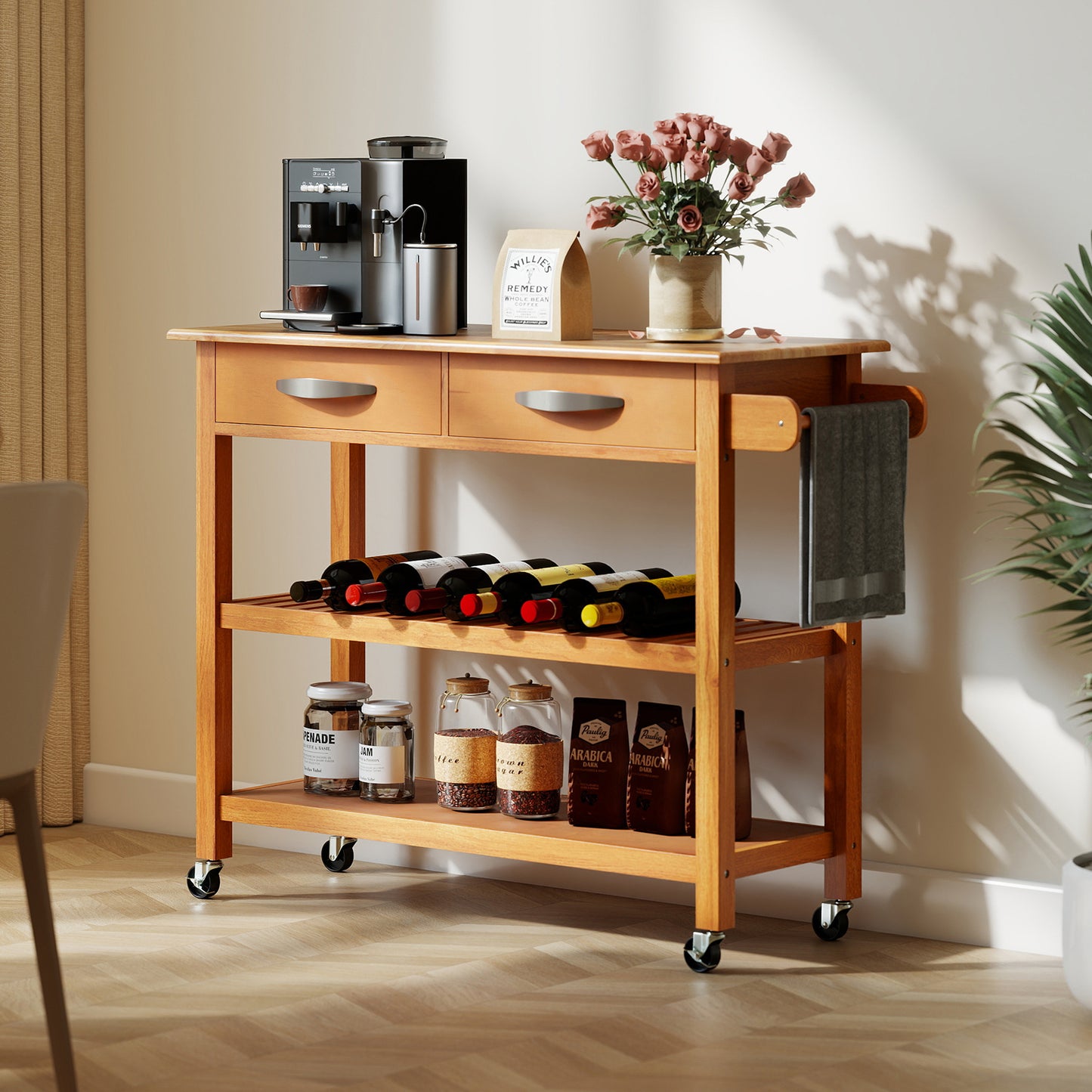Keukeneiland – Keukentrolley – Opbergmeubel – Serveerwagen – Keukenwagen – Natuurlijk Houten Werkblad – 2 Lades & 2 Open Planken – Wieltjes Met Rem
