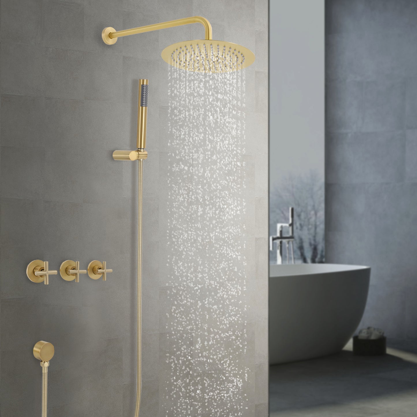 Large Wall-Mounted Rainfall Shower System & Handheld Spray - Stainless Steel Round Shower Head with Hose, Compatible for Bathrooms, Modern Spa Shower Kit (Wall Mounted, NPT 1/2")