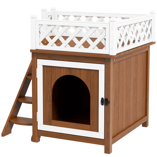Tweeverdiepingen Kattenhuis – Kattenhut – Kattenverblijf – Kattenren – Konijnenhuis – Bruin – Duurzaam Dennenhout – Veilig Balkon Met Trapjes
