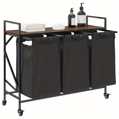 Wasmand – Wassorteerder – Wasbox – Opbergmand – Wasbak – 3 Vakken – Wieltjes – Stevig Bruin Eikenhout Frame – Duurzame Stof