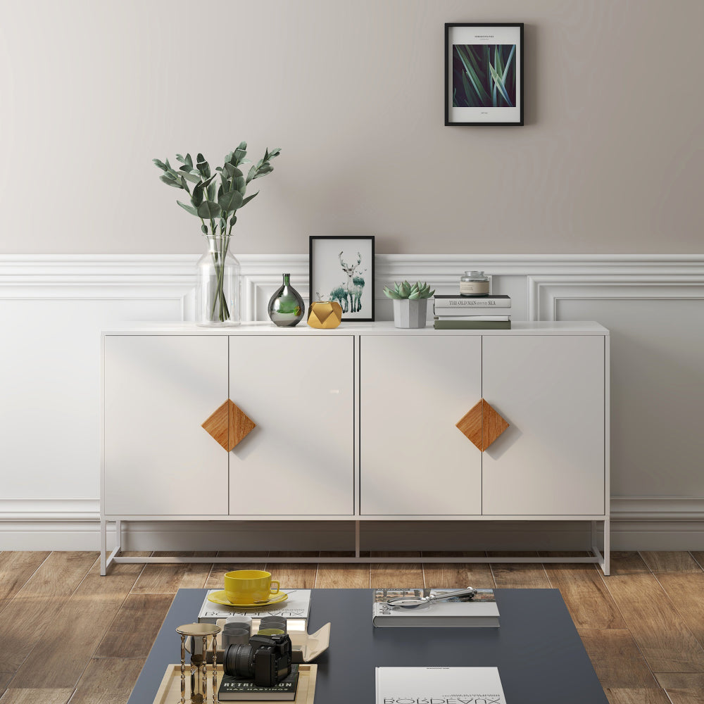 Dressoir – Kast – Opbergkast – Sideboard – Buffetkast – Modern Wit 4-Deurs – MDF Met UV-Laag – Ruime Opbergruimte Met Vierkante Handgrepen