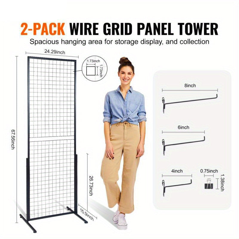 Gridpanelen – Metalen Gridpanelen – Dubbelzijdige Wandpanelen – Display Roosters – Ophangrekken – Dubbelzijdig Design – Hoogte 182,88 cm – Inclusief T-Vormige Voet en Haken