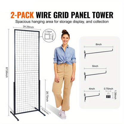 Gridpanelen – Metalen Gridpanelen – Dubbelzijdige Wandpanelen – Display Roosters – Ophangrekken – Dubbelzijdig Design – Hoogte 182,88 cm – Inclusief T-Vormige Voet en Haken