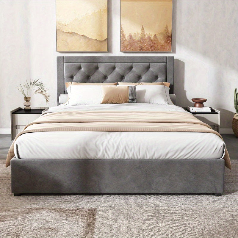 Tweepersoonsbed Chesterfield – Bed – Slaapbank – Logeerbed – Opbergbed – Grijs Velvet – Stalen Frame – Foam Hoofdbord – Opbergruimte Met Lifthendels 140x200 cm