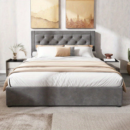 Tweepersoonsbed Chesterfield – Bed – Slaapbank – Logeerbed – Opbergbed – Grijs Velvet – Stalen Frame – Foam Hoofdbord – Opbergruimte Met Lifthendels 140x200 cm