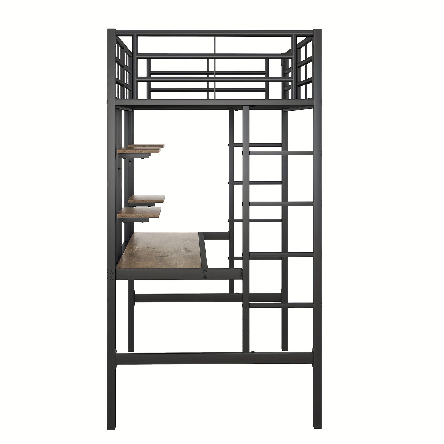 Bedframe – Metalen Bed – IJzeren Bed – Hoogslaper – Eenpersoonsbed – Inclusief Bureau En Boekenplanken – Robuust Stalen Frame – Afmeting 90x200 cm – Zwart