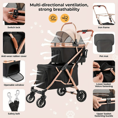 Hondenbuggy – Huisdierenbuggy – Wandelwagen – Duwwagen – Buggy voor Kleine Honden – 2-laags Dubbele Mand – Opvouwbaar – Inclusief Transporttas