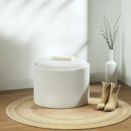 Opbergkruk Ronde Kruk Opbergbox Zitkruk Voetensteun – Crème Wit – Corduroy Stof – MDF Frame – Comfortabele Zitting – Handige Opbergruimte