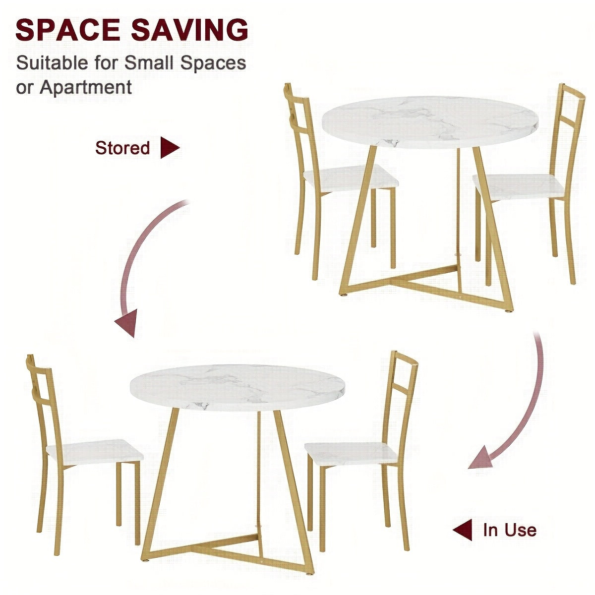 Eetkamertafel Set – Ronde Tafel – Bistro Set – Keukentafel – Dinette Set – Goudkleurig – Compact 2-Persoons – Gestoffeerde Stoelen – Stevig Stalen Frame