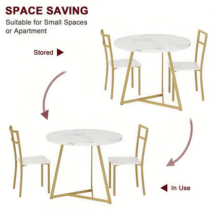 Eetkamertafel Set – Ronde Tafel – Bistro Set – Keukentafel – Dinette Set – Goudkleurig – Compact 2-Persoons – Gestoffeerde Stoelen – Stevig Stalen Frame