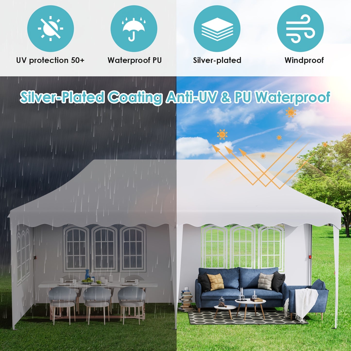 Inklapbare Partytent – Tuinpaviljoen – Evenemententent – Overkapping – Waterdicht Doek – UV-Bescherming – Verstelbare Hoogte