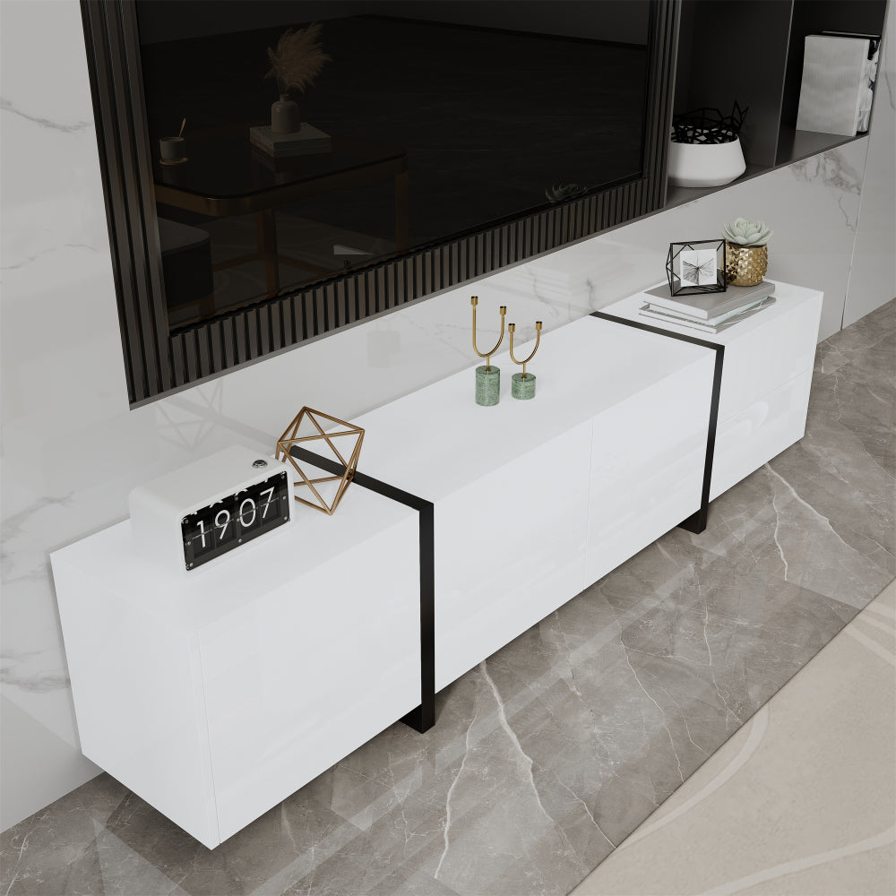 TV-meubel – Mediameubel – Tv-kast – Tv-dressoir – Wit hoogglans – Met Zwarte Poten – Veel Opbergruimte – Duurzame Niet-Houten Constructie