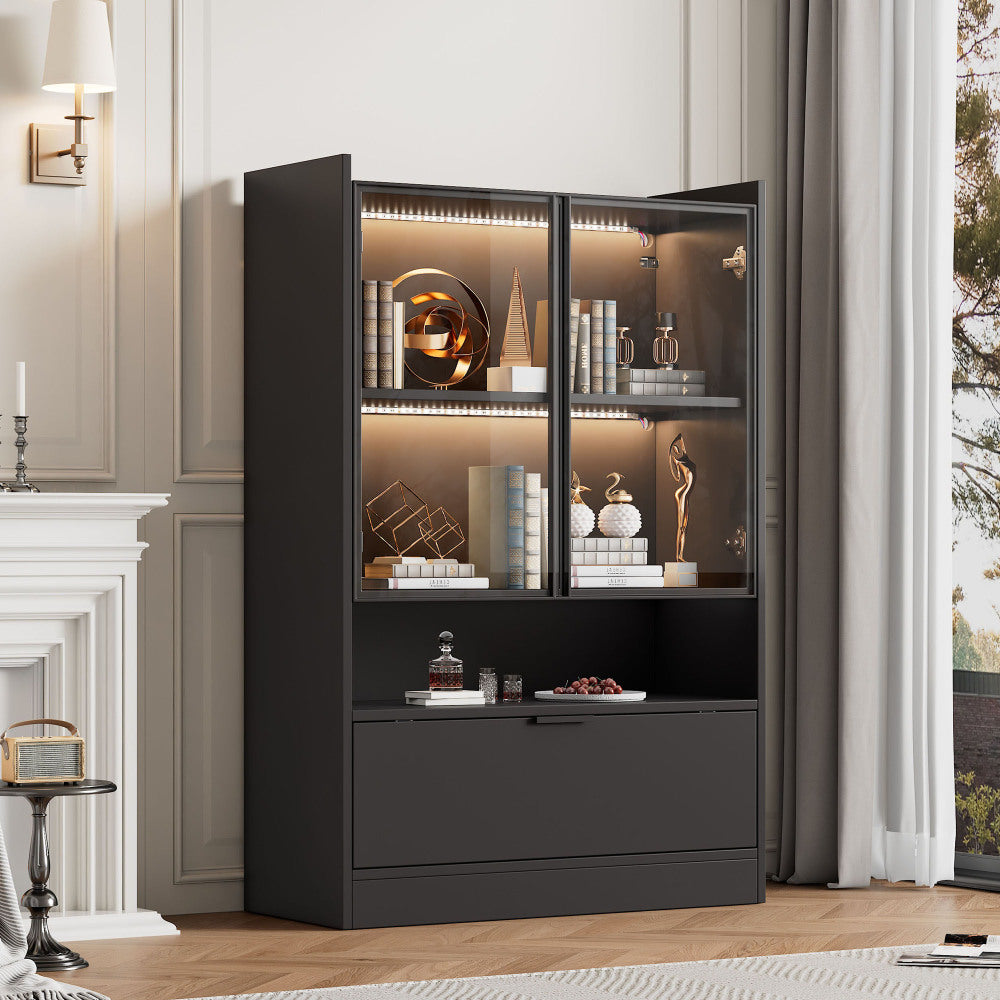 Zijboard – Dressoir – Opbergkast – Vitrinekast – Kast – Mat Zwart – 120 cm Hoogte – Glazen Deuren & Klapdeuren
