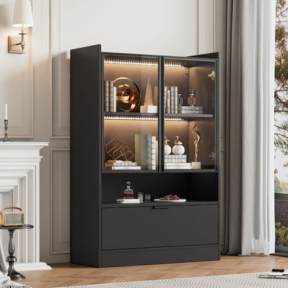 Zijboard – Dressoir – Opbergkast – Vitrinekast – Kast – Mat Zwart – 120 cm Hoogte – Glazen Deuren & Klapdeuren