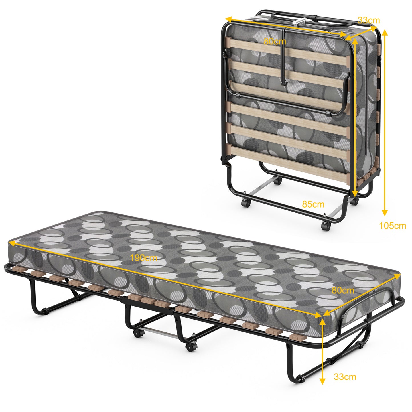 Opvouwbaar Bed – Opklapbed – Logeerbed – Vouwbed – Eenpersoonsbed – Memory Foam Matras 6,5 cm – Draagvermogen 136 kg