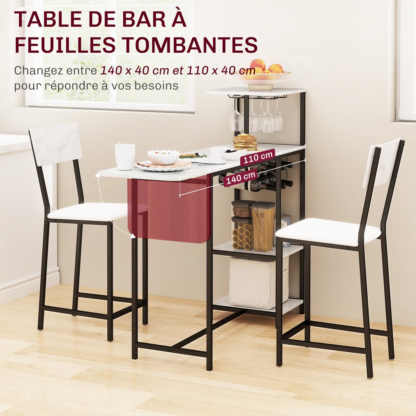 Bartafel Set – Bar Tafel – Statafel – Barkrukken Set – Hoge Tafel – Inklapbaar Tafelblad – Wijnrek Met Glashouders – Wit Marmerlook