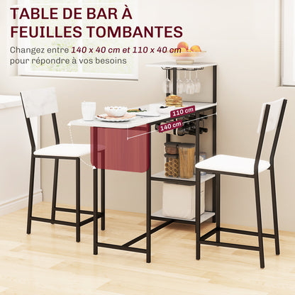 Bartafel Set – Bar Tafel – Statafel – Barkrukken Set – Hoge Tafel – Inklapbaar Tafelblad – Wijnrek Met Glashouders – Wit Marmerlook