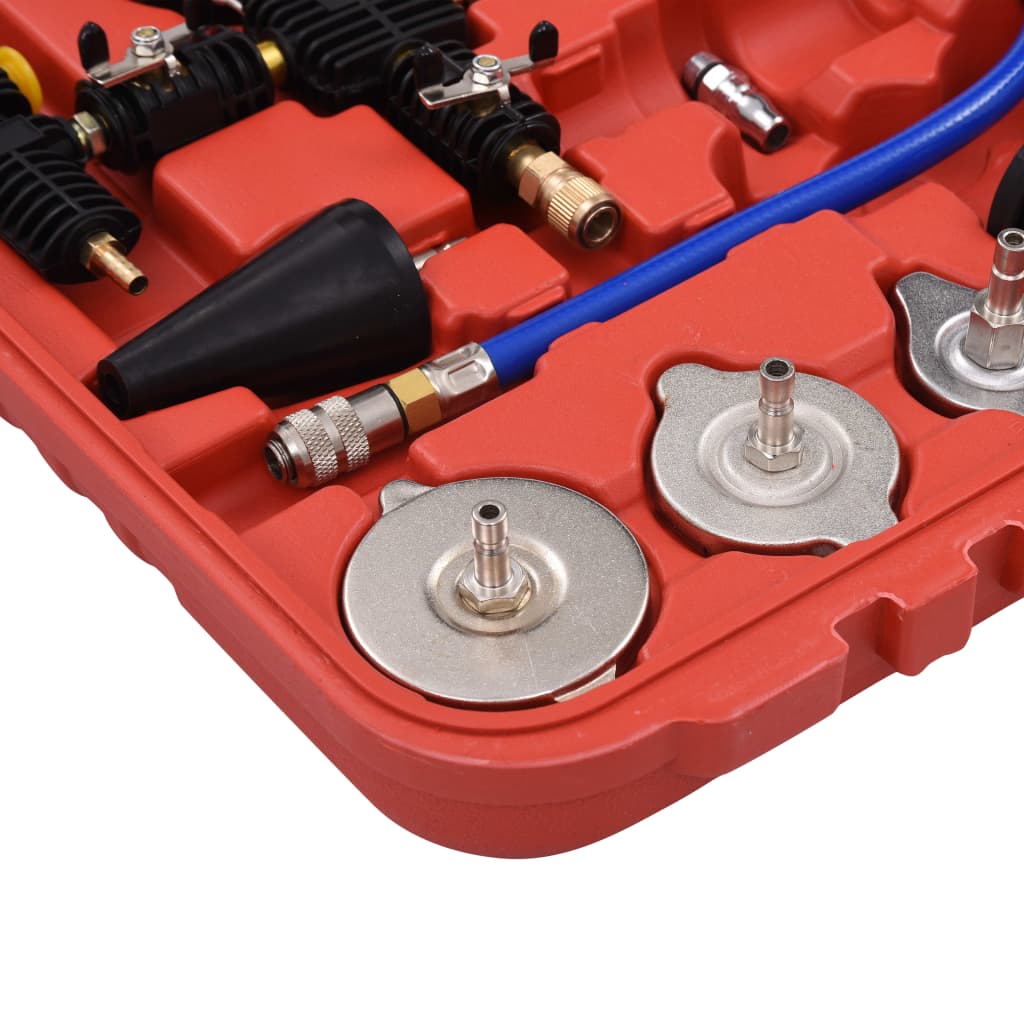 Radiatordruktester – Koelvloeistoftester – Koelsysteemtester – Lekdetectieapparaat – Radiatorlekkage Checker – Aluminium Uitvoering – Kleurgecodeerde Doppen