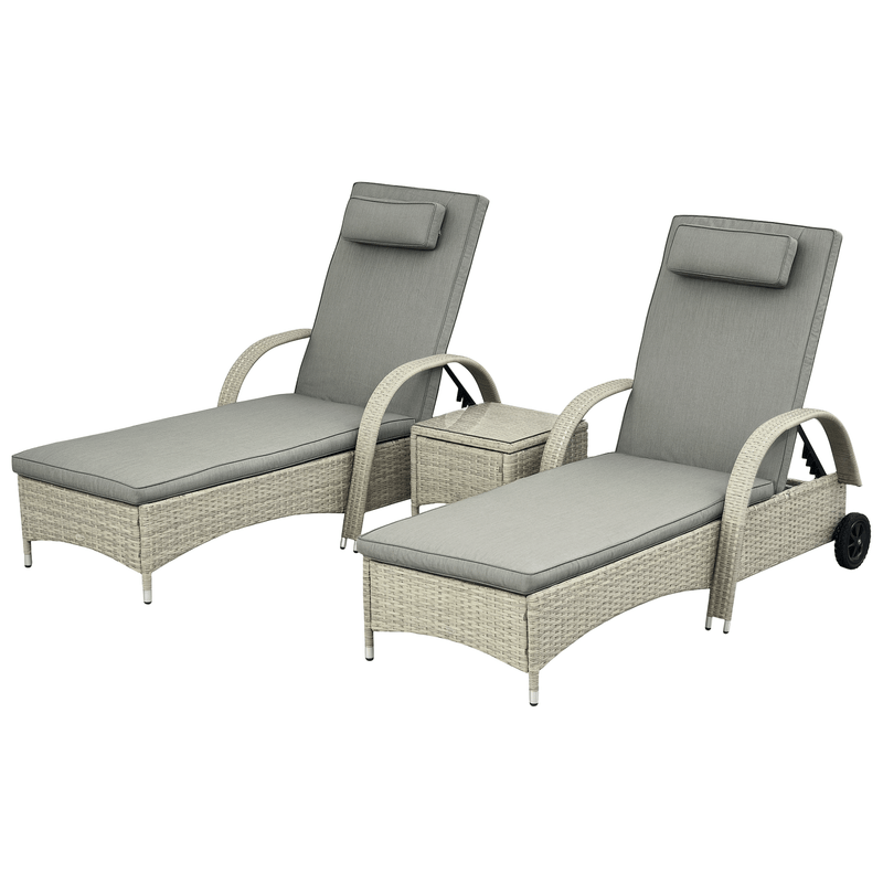 Sonnenliege Gartenliege Tisch 3Er-Set Gartenmöbel, Polyrattan+Metall Grau