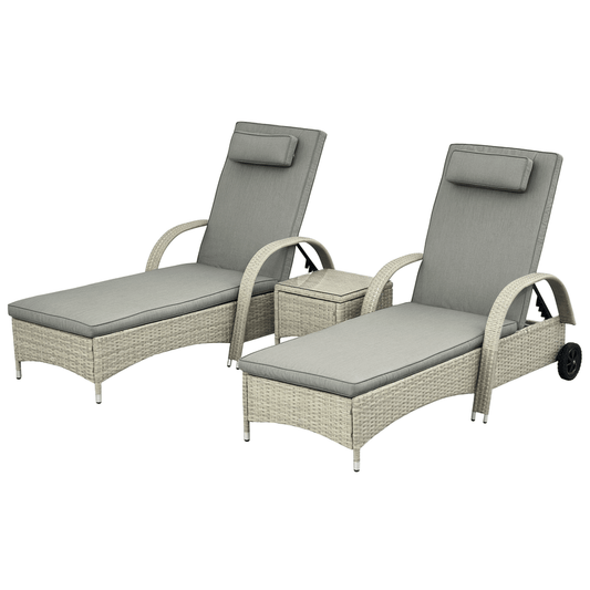 Sonnenliege Gartenliege Tisch 3Er-Set Gartenmöbel, Polyrattan+Metall Grau