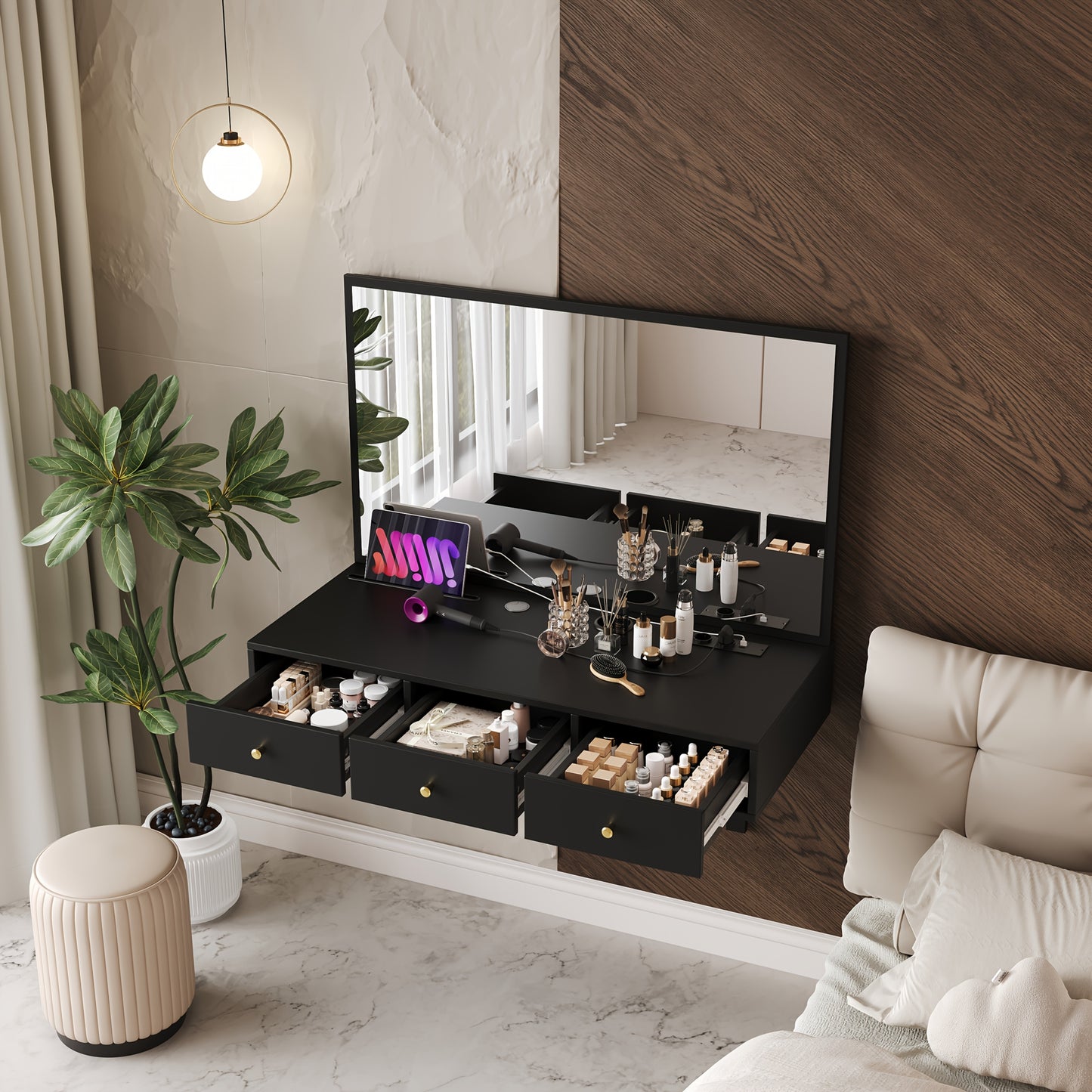 Make-uptafel – Make-uptafel – Kaptafel – Dressoir – Make-up Bureau – Zwart Hangend Model – 3 Lades & Bekerhouder – Ruimtebesparend Design – Zonder Elektriciteit – Duurzaam Glas