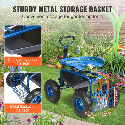 Tuinstoel – Tuinrolstoel – Werkkruk – Tuinkruk – Verrijdbare Stoel – 360° Draaibaar – Stalen Frame met Opbergmand – 10-Inch Luchtbanden