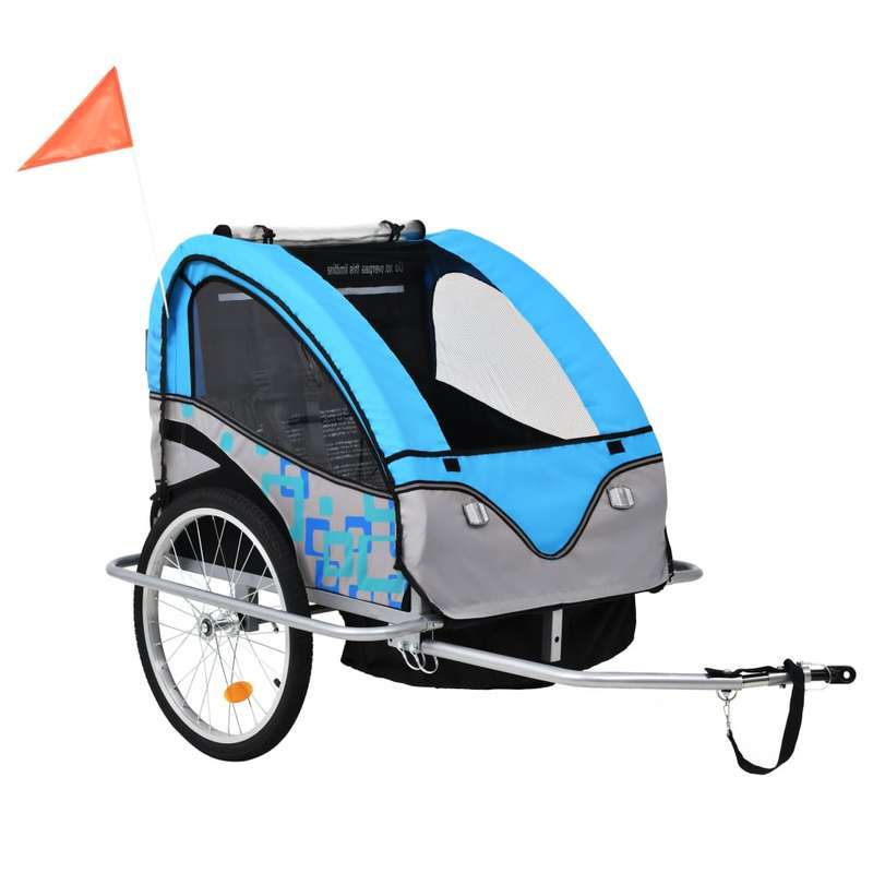 2-in-1 Fietskar en Wandelwagen – Fietsaanhanger – Buggy – Kinderkar – Wandelwagen – Blauw en Grijs – Veiligheidsharnas – Eenvoudig Om te Bouwen