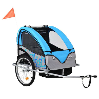 2-in-1 Fietskar en Wandelwagen – Fietsaanhanger – Buggy – Kinderkar – Wandelwagen – Blauw en Grijs – Veiligheidsharnas – Eenvoudig Om te Bouwen