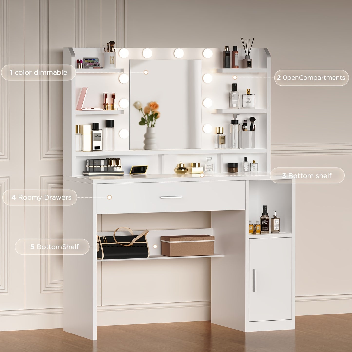 Kaptafel – Make-up Tafel – Dressing Table – Cosmeticatafel – Spiegeltafel – Wit – LED Verlichting Met Instelbare Helderheid – Opberglades En Open Vakken