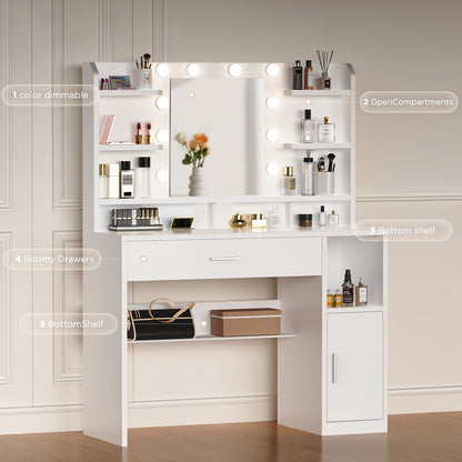 Kaptafel – Make-up Tafel – Dressing Table – Cosmeticatafel – Spiegeltafel – Wit – LED Verlichting Met Instelbare Helderheid – Opberglades En Open Vakken