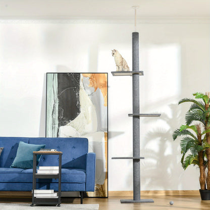 Kattenkrabpaal – Kattenboom – Krabmeubel – Klimpaal – Activiteitentoren – Verstelbaar 228-260 cm – Zachte Bekleding – Vloer-Plafond Bevestiging – Grijs