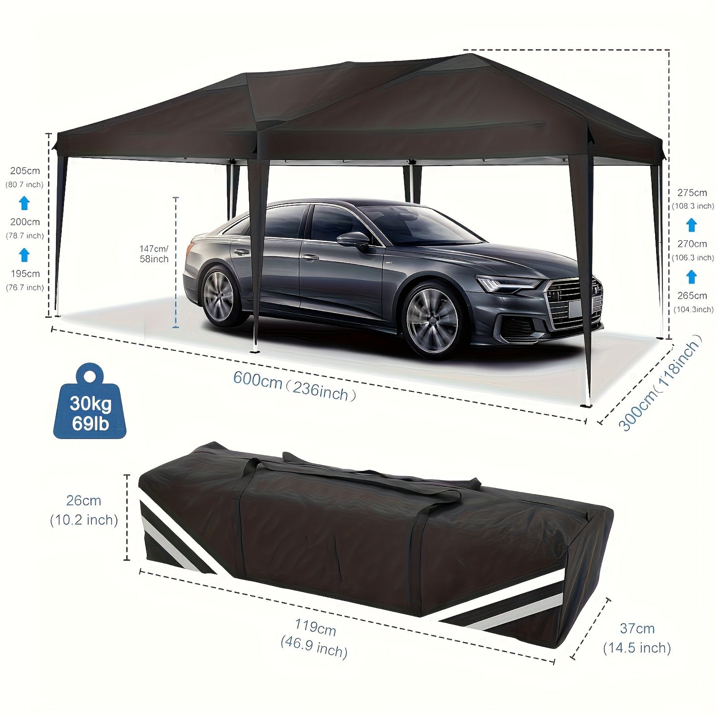 Partytent – Paviljoen – Pop-up Tent – Tuintent – Feesttent – 3x6 m – 6 Zijwanden – UV Bescherming – Verstelbare Hoogte