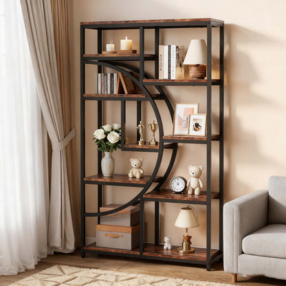 Tall 5-Tier Industrial Bookcase with 9-Shelf Open Storage - Rustic Modern Freestanding Shelving Unit Suitable for Living Room, Bedroom, Christmas Decor - Wood & Metal Frame, Assembly, Space-Saving Vertical Organizer