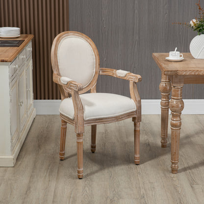 Eetkamerstoel – Keukenstoel – Stoel – Fauteuil – Zithoekstoel – Massief Hout – Linnenlook Bekleding – Antiek Design – Ademend – 56x54x96 cm – Crème Wit